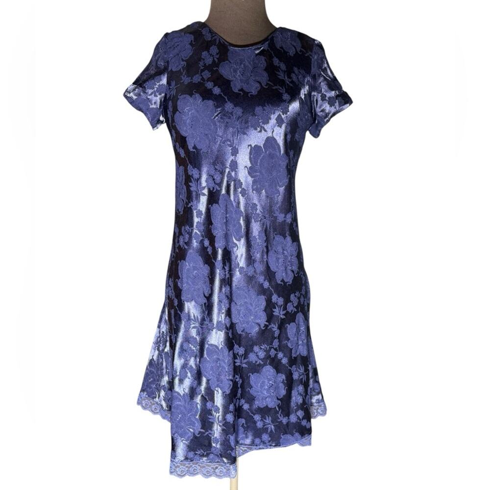 Vtg 90s Satin Floral Embossed Lace Hem Slip Dress Women's Size MP Dark Romantic